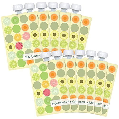 Image of Sage Spoonfuls Squeezie Reusable Baby Food Pouches - 12-Pack 7-Ounce Capacity - Fruit Dot - Leakproof, Easy-to-Fill, Freezer & Dishwasher Safe