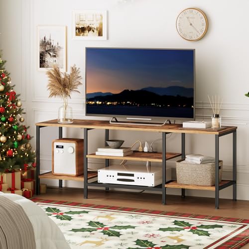 Image of HOOBRO TV Stand with Power Outlets to 65 Inches, TV Console Table with Open Storage Shelves, Industrial Media Entertainment Center for Living Room Bedroom, Rustic Brown and Black BF40DS01