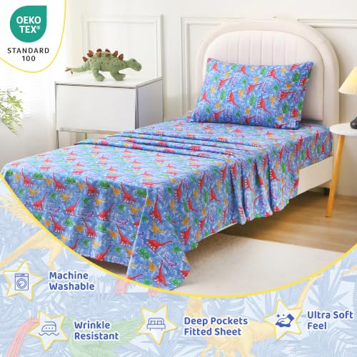 Image of Viviland 3 Pieces Boys Dinosaur Twin Sheet Set - Soft Microfiber Fitted Flat Sheets & Pillowcase Bed Sheet Set - Blue Forest Dinosaur Print Bedding Sets for Kids