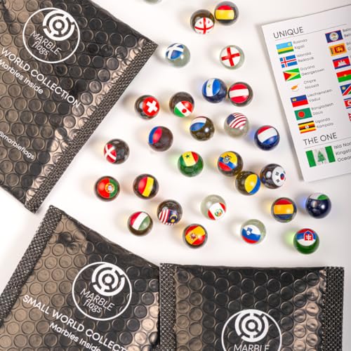 MARBLEFLAGS 30 Billes de Pays | Collection avec Drapeaux de Pays | 3 Paquets de 10 Billes au Hasard | Small World Collection