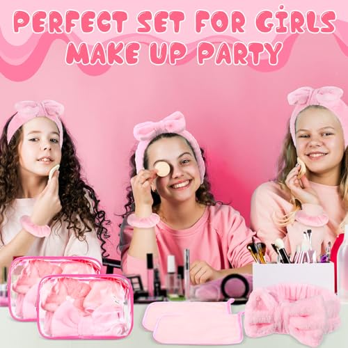 24 Pieces Sleepover Party Supplies Spa Party Favors 6 Spa Headband 6 Velvet Scrunchies 6 Makeup Remover Cloth 6 Clear Cosmetic Bags for Slumber Gift(Pink)3