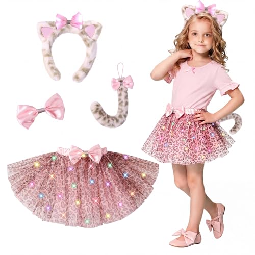 PinkSheep Girls Cat Costume Set Led Light Up Girls Tutu Skirt With Cat Ears Headband Bow Tie Tail Accessories Kids School Party Outfit Animal Costumes Halloween Dress Up Cosplay Birthday Gifts