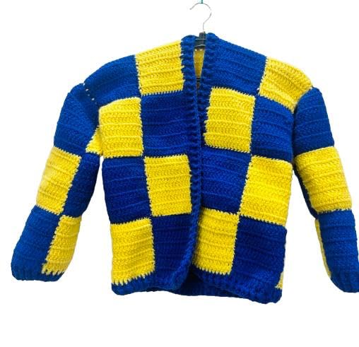 Handmade Crochet Cardigan, Blue and Yellow Checkered Pattern, Long Sleeve Knit Jacket-image-7