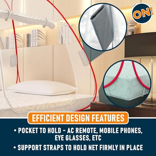 Image of Supreme On Single Bed Mosquito Net with Pocket for Mobile, Spectacles; 6.5 Feet x 4 Feet Premium Machardani, Strong and Durable, 30 GSM, Tent Type, Foldable, Corrosion Resistant, Red Color