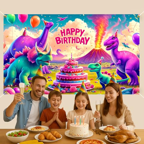 Image of 70.8x43.3 Inch Happy Birthday Dinosaur Banner Colorful Dino T-Rex Volcano Cake Balloon Backdrop Party Decoration Boys Kids Dinosaur Birthday Party Supplies Photo Background