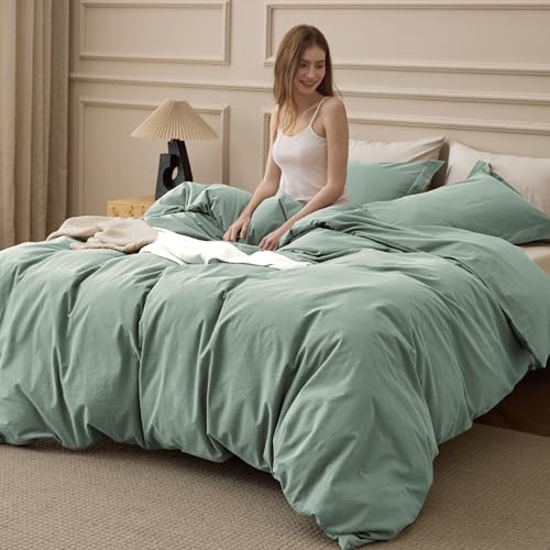 Image of Bedsure 100% Washed Cotton Duvet Cover Queen Size - Iceberg Green Minimalist Bedding Set Linen Like - PureWoven Plain Simple & Soft Comforter Cover for All Seasons (Iceberg Green, Queen, 90 inchx90 inch)