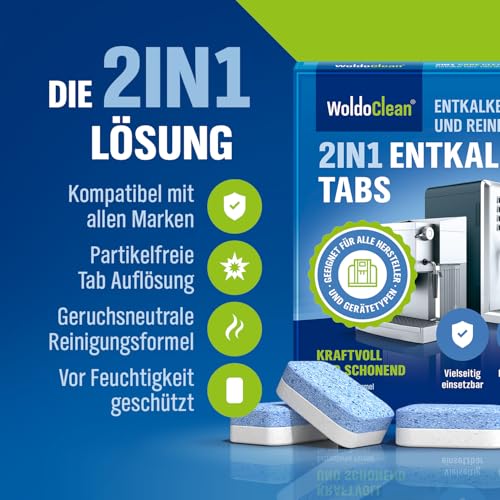 WoldoClean 2in1 Entkalkungstabletten für Kaffeevollautomaten - 2-Phasen Entkalker gegen Kalk & Korrosion, einzeln verblistert, 6 Tabletten