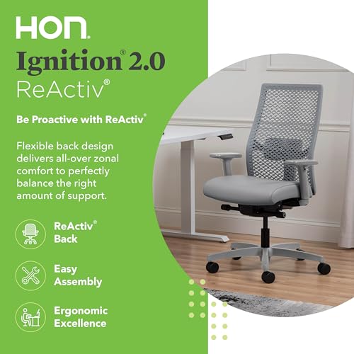 Image of HON Ignition 2.0 ReActiv Ergonomic Office Chair, Mesh Desk Chair with Lumbar Support, Advanced Synchro‑Tilt, Height and Width Adjustable Arms, Swivel Wheels, Titanium Frame, Steel