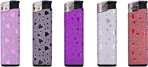Maelsa® Lot de 5 briquets pailletés motifs cœur Shiny Heart strass allumage flamme - Dimensions : 8 cm - Coloris pailleté brillant - Vendu par lot de 5