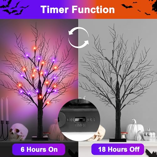 [Timer] 2 Pack Halloween Decorations Indoor, 24 Inch Halloween Tree with 24 Orange & Purple Lights, USB & Battery Operated Black Spooky Tree Halloween Table Decorations Indoor Home Party Decor Room