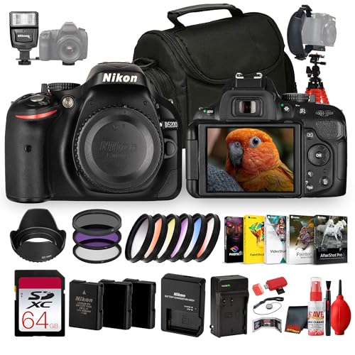 Nikon D5200 DSLR Camera Body 24.1MP DX APS-C Sensor, Vari-Angle Screen, Full HD Video (1501) + 52mm Filter Kit + Photo Software + 64GB Memory Card + 2X Replacement EN-EL14 Batteries + More (20pc
