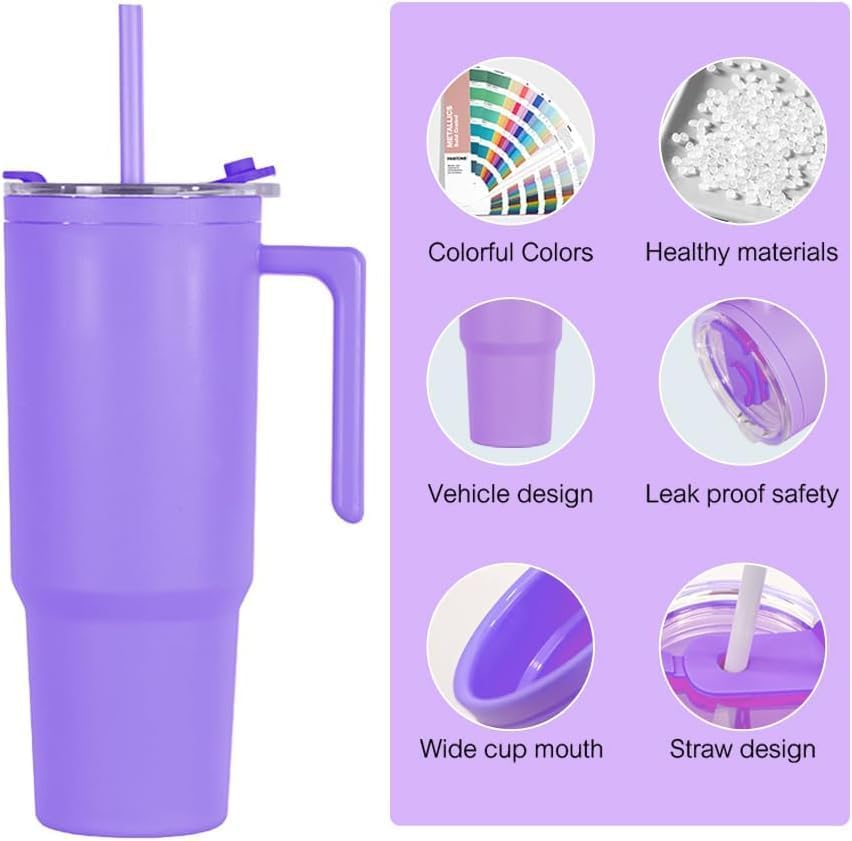 40oz Reusable Plastic Insulated Tumblers with Handle and Straw, Double Wall Tumbler with Lid, Cup Holder Friendly Travel Mug for cold drinks, sand ice, Purple - Image 4
