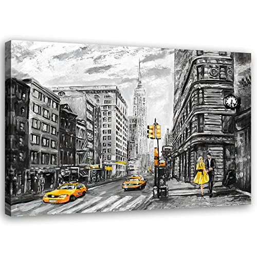 Feeby Impression sur Toile Intissé Taxi jaune New York Manhattan 45x30 cm Image Moderne Tableau Déco Mural Salle De Séjour Empire State Building Grattes ciels Rue gris Cover