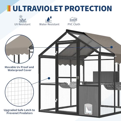 Aluminum Walk-In Large Outdoor Cat Enclosure, Large Outdoor Catio for Multiple Cats, Outside Cattery with Weatherproof Roof with Channels, Side Door, UV Proof Cover, Huge Condo, Platform