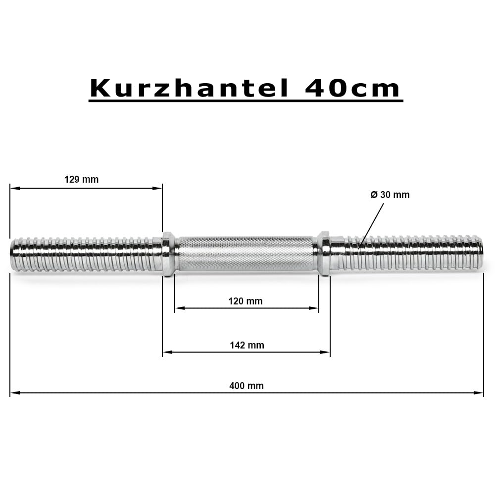 KH-G-400 Kurzhantelstange 40cm I Dumbbell Handle I Kurzhantel mit Gewinde I 30mm Durchmesser I Kreuzrändelung I Hochglanzverchromt I Sternverschlüsse