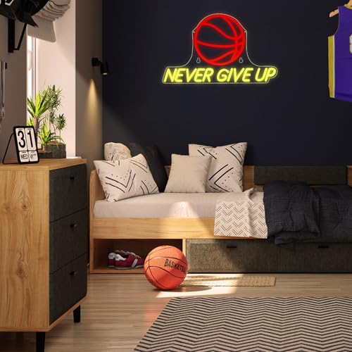 Image of Never Give Up Basketball Neon Sign - 17 inchx10 inch Wall Decor for Boys Bedroom Classroom, Dimmable LED Neon Light Sign for Gym Man Cave Decor, Motivational Gift for Teen Boys, Men & Basketball Lovers - USB Powered (Red & Yellow)