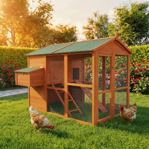 Miweba MyAnimal Hühnerstall XXL für 7 Hühner | 186x146x147 cm Winterfest - Vogelhaus - Hühnergehege mit Nistkasten - Voliere - Hühnerhaus - Freilaufgehege Huhn - Legenest - Vogelvoliere (Braun)