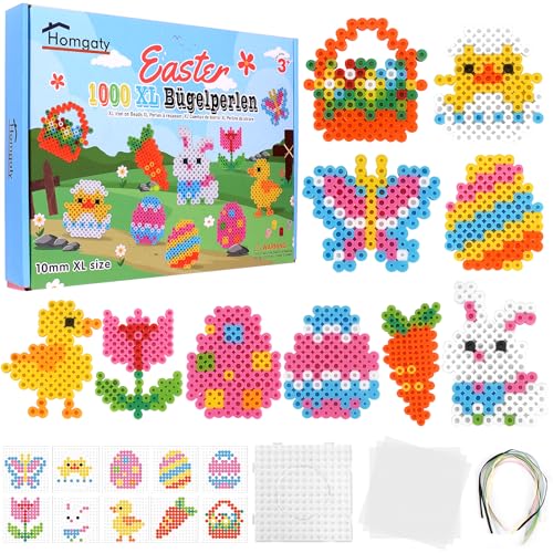 Homgaty Juego de perlas grandes de 10 mm para planchar, 1000 unidades XL con placas, 10 patrones y papel de planchar, 10 colores de colores XL, juego creativo de perlas para niños a partir de 3 años