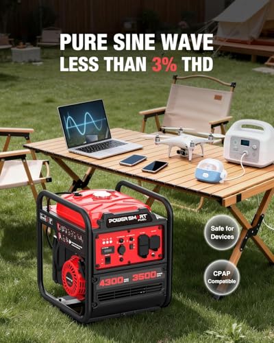 Image of PowerSmart 4300 Watt Portable Generator with Inverter Technology, 3500W Rated, 223cc 4-Stroke Gas Powered Engine, 30 Amp Outlet for Home Use, Emergency