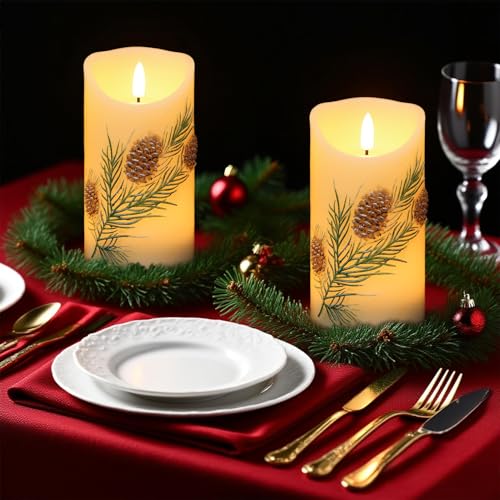 Image of Eldnacele Christmas Flameless Candles with 6 Hour Timer, Battery Operated Hand Painted Pine Cone Real Wax 3D Wick Flickering LED Pillar Candles for Dinner Indoor Holiday Xmas Decor(2Pcs, D3xH5.7)