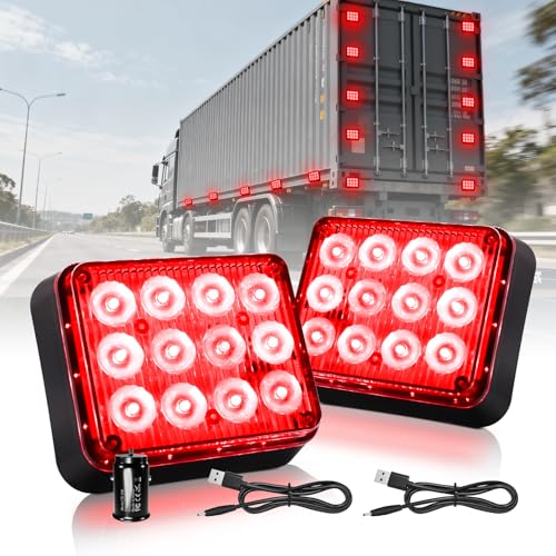 Raryloy Red Beacon LED Magnetic Trailer Light, Battery Powered Strobe Light, Wireless Trailer Lights, Rechargeable Flashing Emergency Warning Magnetic Strobe Lights for Trucks Car Vehicles 12-24V 2PCS