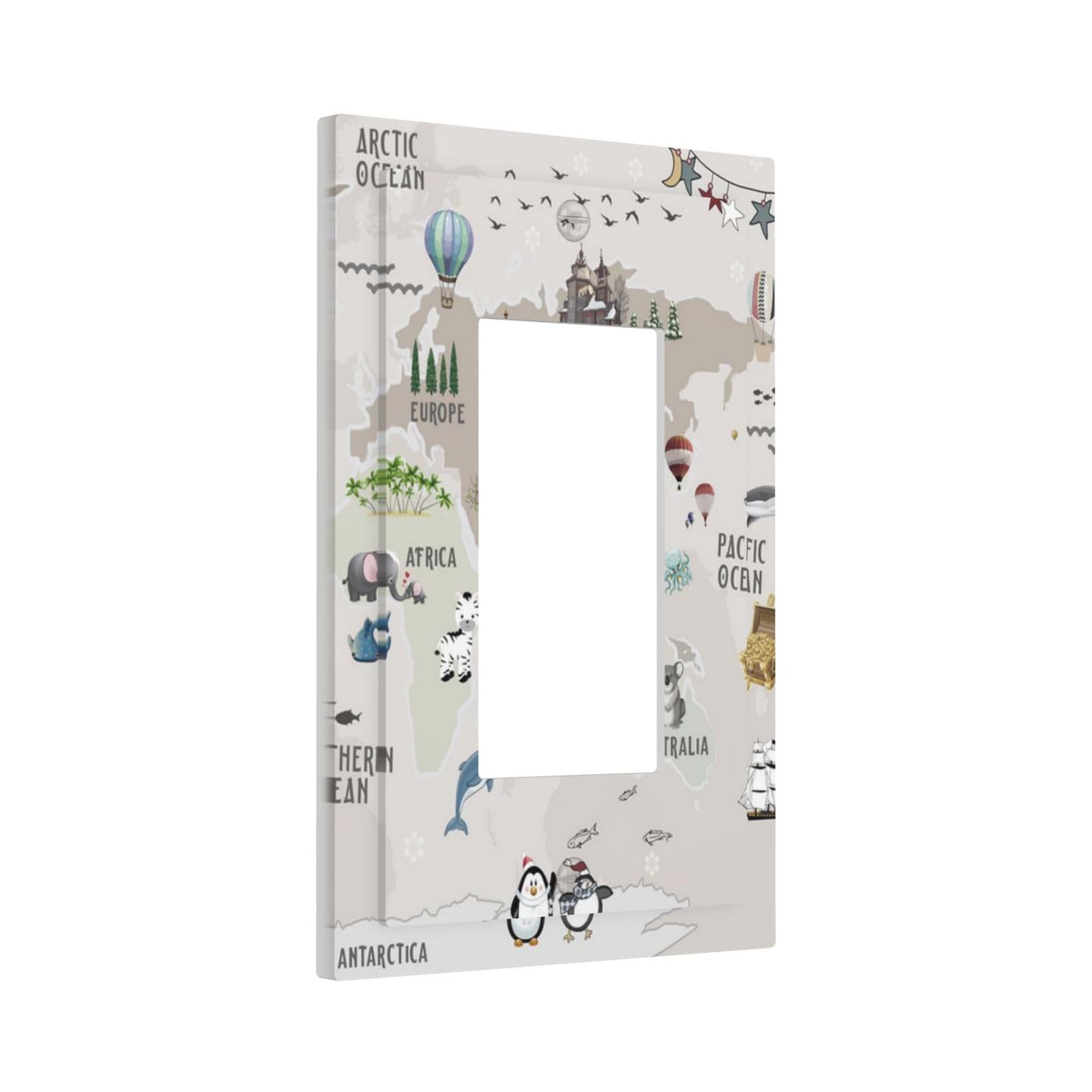 Wpshijia Outlet Covers Pastel Beige Cute Animals World Map 1 Gang Wall Plates Single Rocker Light Switch Cover Decorative GFCI Receptacle Cover Electrical Switchplate for Nursery Kidsroom Decor