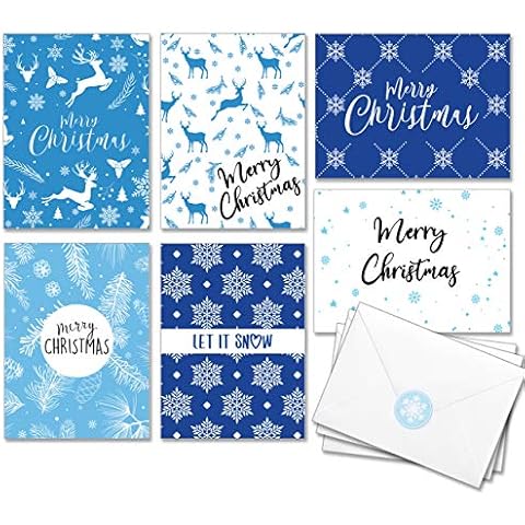 Christmas Cards with Envelopes and Stickers - Pack of 48 Holiday Greeting Notes - 6 Design Blue and White Winter, Thick Cardstock, 4X6 Inch in a Sturdy Box, Blank Inside (Blue and White) Cover