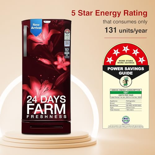 Image of Godrej 180 L 5 Star Inverter, Turbo Cooling Technology, 24 Days Farm Freshness Direct Cool Single Door Refrigerator With Base Drawer(2023 Model, RD EDGENEO 207E TDI BH WN, Blush Wine)