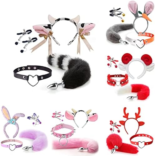 4 Pcs Set Fun Cow Sheep Antelope Rabbit Sexy Maid Tie Ear Hairpin SM Metal Tail Anal Plug. Cosplay Neck Chest Bondage Accessories Sex Toy for Women Female Men Male Unisex (Cow Black)
