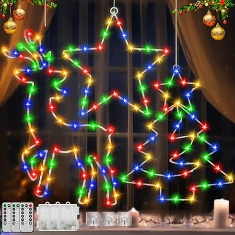 3 Pcs Christmas Window Lights, Battery Powered Star&Reindeer&Tree Lights with Timer Function, 132 LEDs Hanging Christmas Window Decorations Light for Holiday Fireplace Tree Window Indoor Outdoor Décor Cover