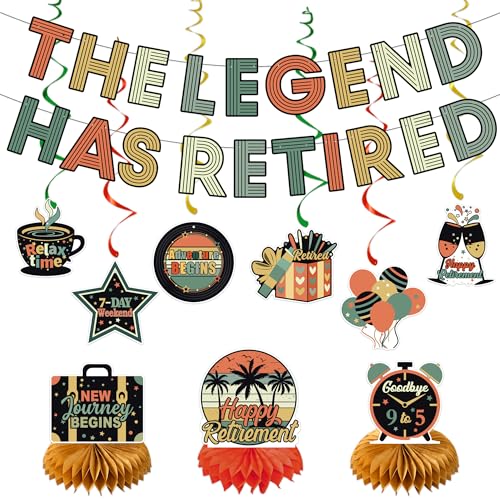 Roetyce Retirement Decorations Men Women Vintage Happy Retirement Banner Hanging Swirls Centerpieces Funny Legend Retired Party Supplies Backdrop for Coworker Family Office Retired Party Supplies