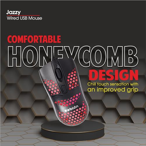 Image of Zebion Jazzy Wired Gaming Mouse with Honeycomb Design, RGB Led Lights, Adjustable DPI 800 /1000 /1800, Lightweight and Ergonomic Design with Comfortable Feel, 1 Year Warranty, Black Color