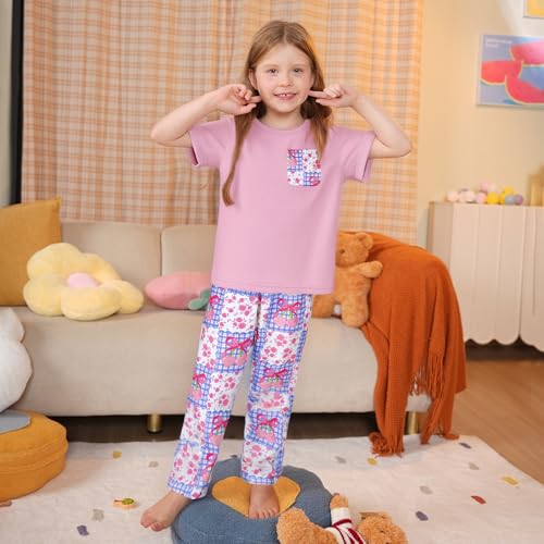 LQSZ Girls' 3-Piece Pajama Set - Short Sleeve Top, Shorts & Long Pants Soft Sleepwear for Kids Cute Printed Nightwear2