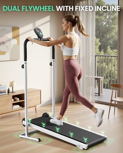 Image of AKLUER Non-Electric Treadmill with Dual Flywheel - Fixed Incline, Soft Foam Grips, Non-Slip Belt, LCD Monitor, Compact Foldable for Home /Gym Use