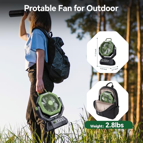 AJVV Camping Fan, 20000mAh Rechargeable Battery Fan with Stepless Wind Speed, Rechargeable Personal Desk USB with Hanging Hook/Light/Power Bank, for Home Outdoor Travel Fishing - Green - Image 6