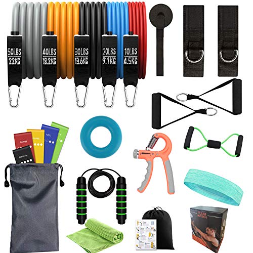 24 PCS Resistance Bands with Handle Set Workout Bands, 5 Stackable Exercise Bands , 5 Resistance Loop Bands, Jump Rope, 8 Shape Band, Hand Grip Strengthener and Ring, Headband, Cooling Towel