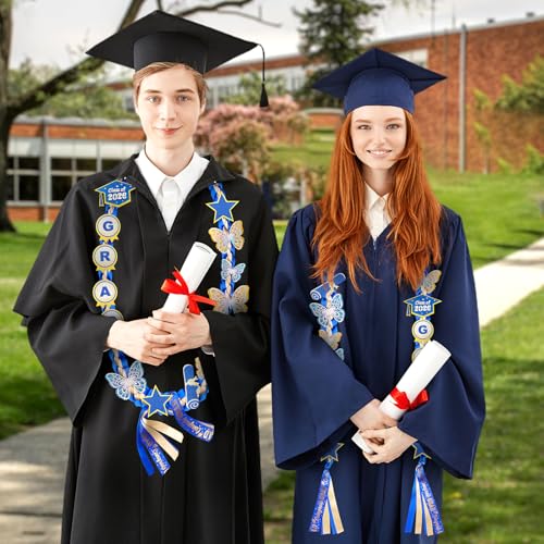 Image of Class of 2026 Graduation Lei,Blue & Gold Double Ribbon Lei with DIY Butterfly Pin Accessories,Graduation Gift for Her Him Woman Man Graduate