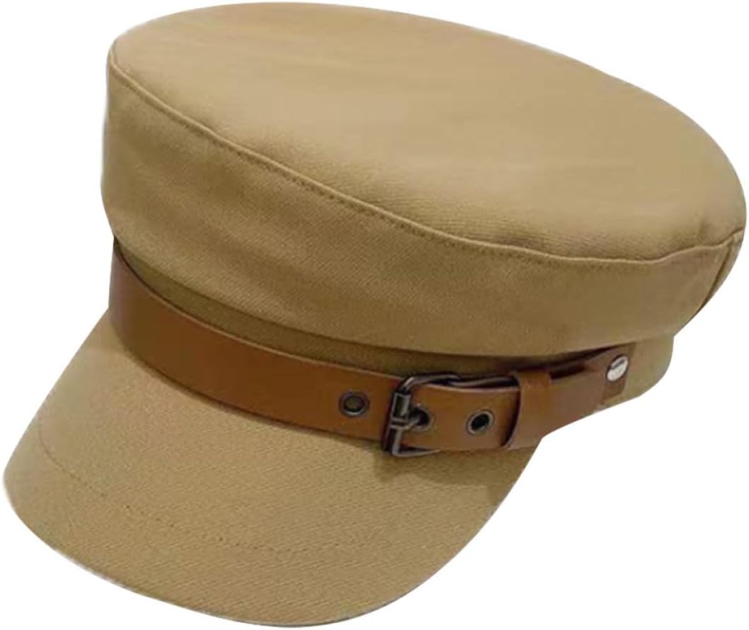 Leather Buckle Beret Hat for Women, Stylish Peaked Cap with Adjustable Strap, Casual Khaki Beret for Outdoor and Streetwear, Size M (56-58cm) Random Color