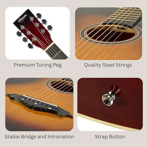 Image of Henrix 38C 38 Inch Basswood Cutaway Acoustic Guitar With Dual Action Truss Rod, Gigbag, Picks, String Set, String Winder, Strap, Polishing Cloth & Ebook - Sunburst