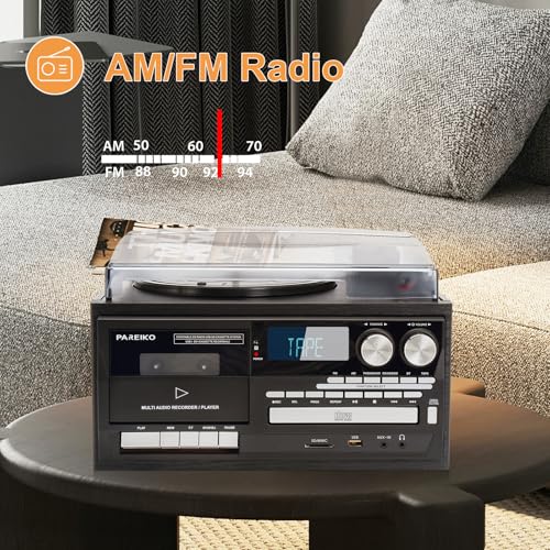 Vintage 9-in-1 Record Player Turntable with Bluetooth, AM/FM Radio, CD & Cassette Player, USB/SD Playback, Remote Control, Aux & RCA Inputs, Headphone Jack – Classic Audio System for Music Lovers - Thumbnail 5