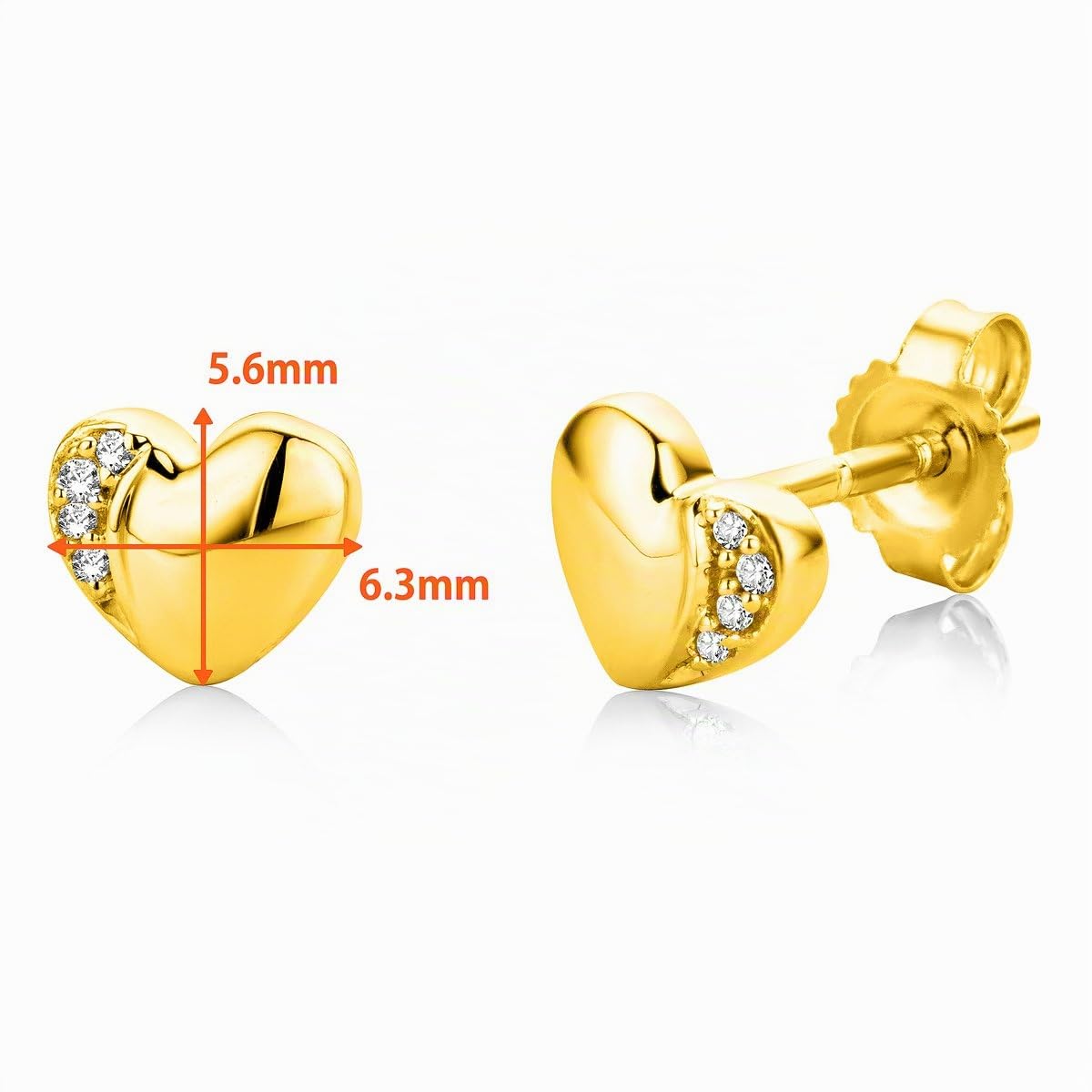 Orovi - Pendientes Corazón de Oro Amarillo para Mujer con Diamantes Naturales, Oro 375 de 9 quilates auténtico, Pendientes de Lóbulo Pequeño, Pendientes de Botón Hipoalergénicos.