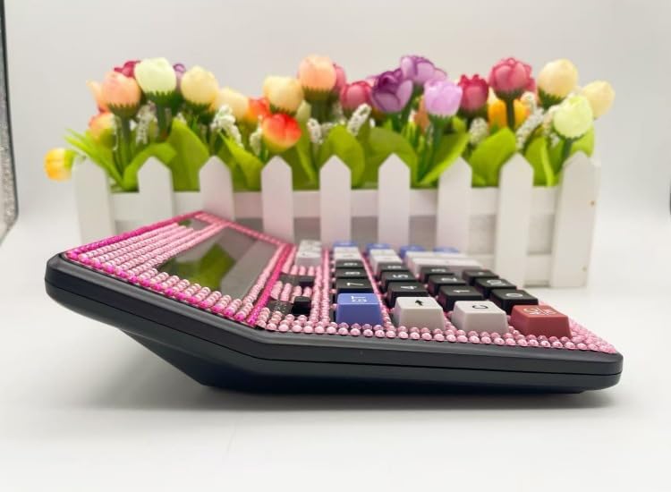 Bling Crystal Desktop Calculator with Extra Large LCD Display, 12-Digit Two Way Power Solar & Battery Office Calculator with Big Buttons and Rhinestones -Pink