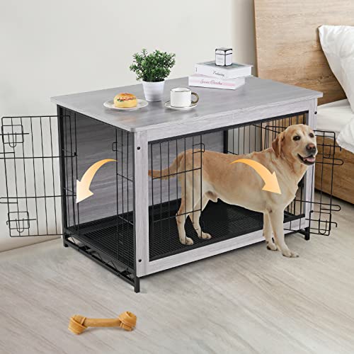 Arlopu 38.6/29.1 Large Dog Crate Furniture, Side End Table, Mordern Kennel, Wooden Heavy-Duty Dog Cage, Dog House, Indoor End Table, Night Stand,W/Removable Tray, Double-Door, 3Mm(Dia) Wire #TOP5