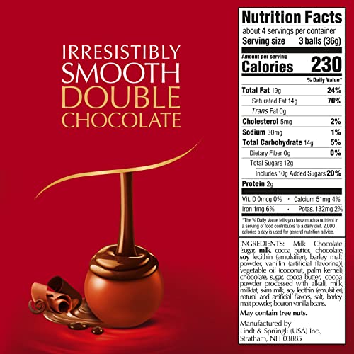 Image of Lindt LINDOR Double Chocolate Milk Chocolate Candy Truffles, Milk Chocolate with Smooth, Melting Truffle Center, 5.1 oz. Bag (Pack of 3)