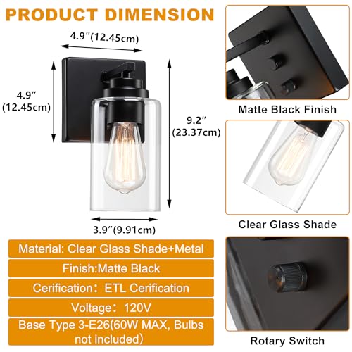 Image of Pia Ricco Wall Sconces Set of Two, Bedside Wall Lamps with Rotary Switch for Bedroom, Modern Bathroom Light Fixtures with Clear Glass Shade, Black Sconces Wall Lights for Living Room, Hallway, Kitchen