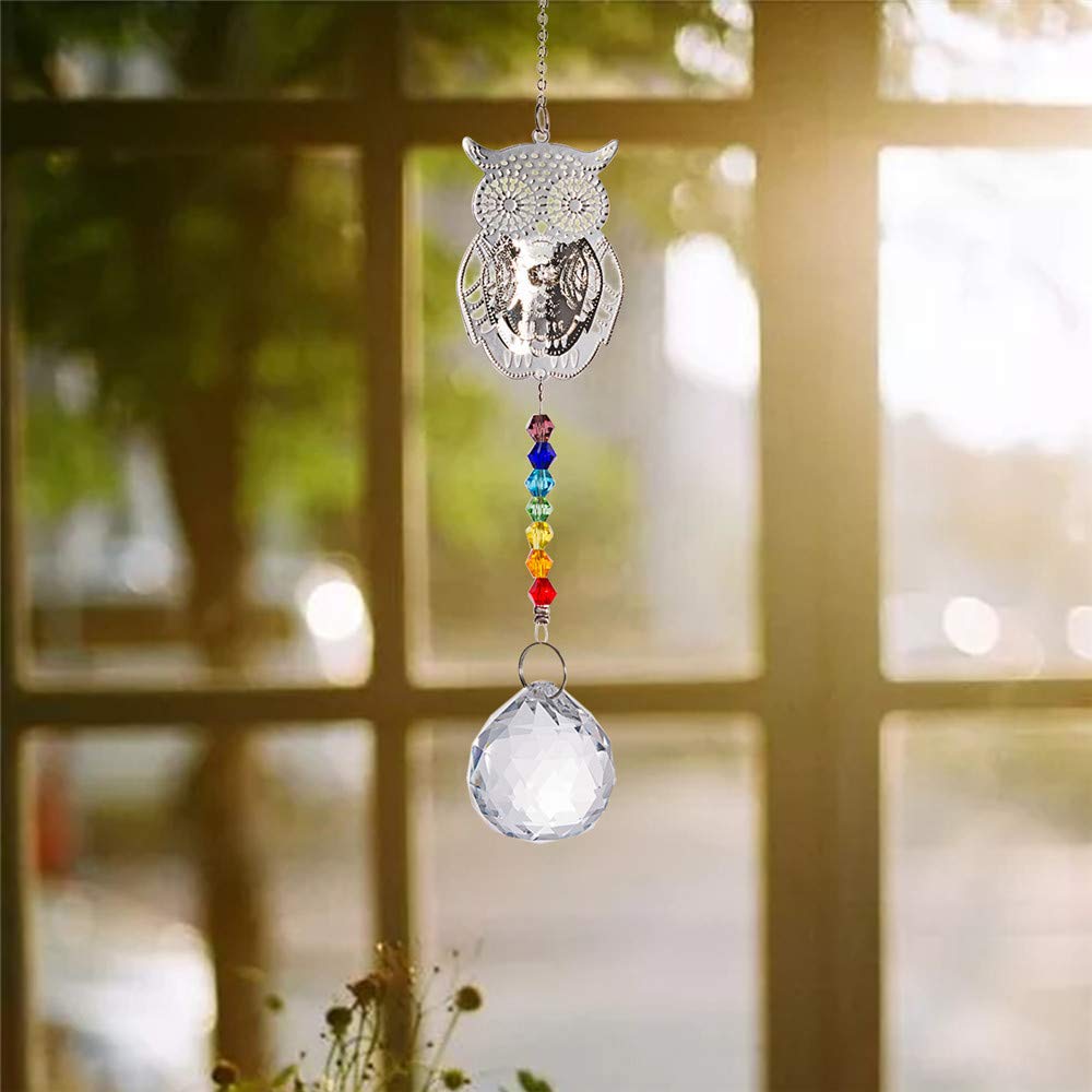 WEISIPU Crystals Ball Prisms Suncatchers - Hanging Ornament Crystals Owl Suncatchers with Clear Crystal Ball for Garden Decoration, Car Pendant, Christmas Decoration (Owl)