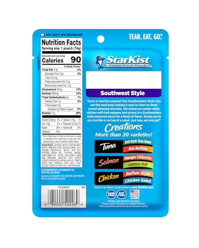 Image of StarKist Chicken Creations Southwest Style Pouch (2.6 oz - 4 Pack) Fully Cooked White Meat, 11g Protein Per Serving, Soy Free, No Draining, Ready to Eat for Salad and Sandwiches