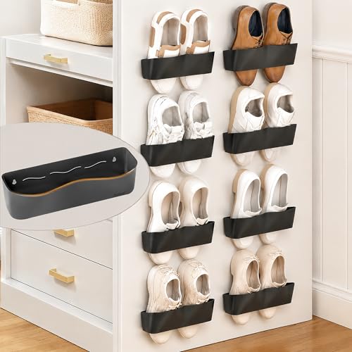 DegMongee Wall Mounted Shoe Rack Adhesive & Drill Mount Hanging Shoe Organizer Plastic Shoe Storage for RV Camper Closet & Door Patent Protected Patent Protected Black-8Pack