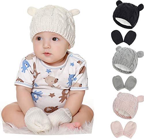Baby Girl Beanie Baby Hat and Mitten Set Knit Baby Winter Hat Mittens for Newborn Boy Baby Girl Beanie Hats White