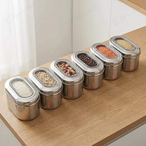 Image of Ebun Stainless Steel Top See Through Containers | Stainless Steel Container with Lid | Capsule Shape Steel Kitchen Containers Set | Steel Airtight Container | 500 Gms Capacity Approx | Pack of 6